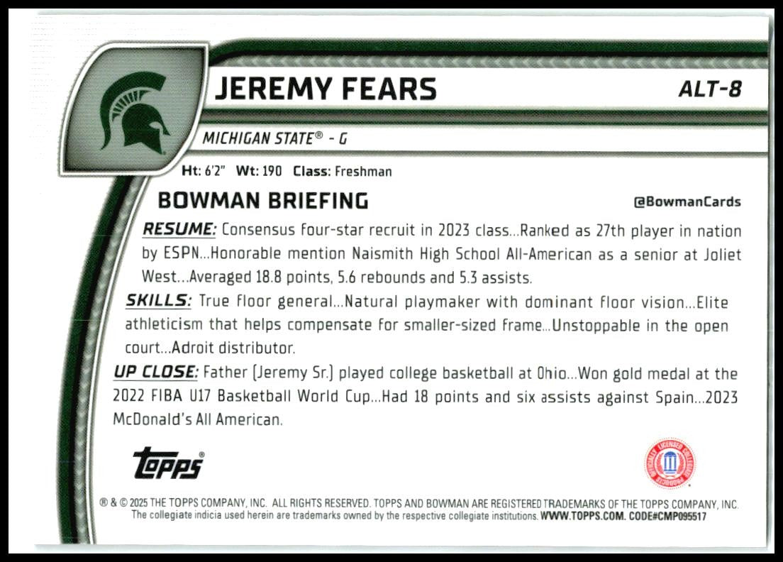 2024-25 Bowman University Chrome Black Wave Refractor #ALT-8 Jeremy Fears