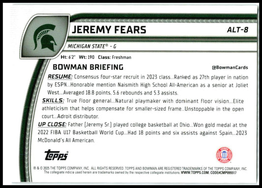 2024-25 Bowman University Chrome Black Wave Refractor #ALT-8 Jeremy Fears