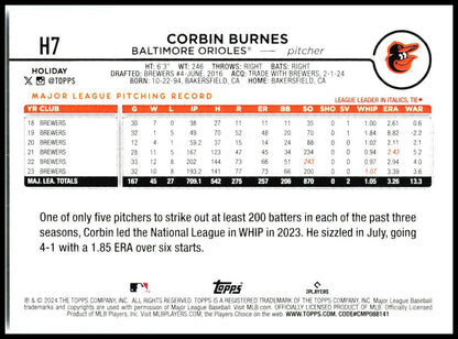 2024 Topps Holiday #H7 Corbin Burnes Baltimore Orioles