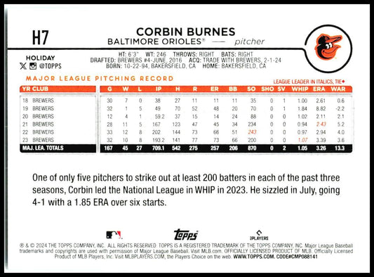 2024 Topps Holiday #H7 Corbin Burnes Baltimore Orioles
