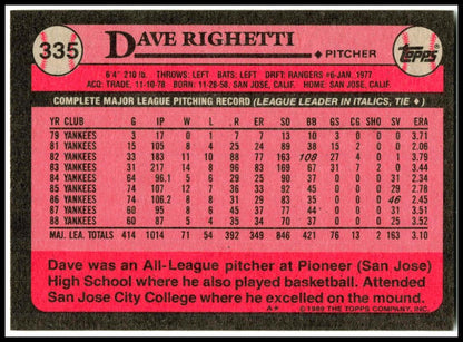 1989 Topps #335 Dave Righetti New York Yankees