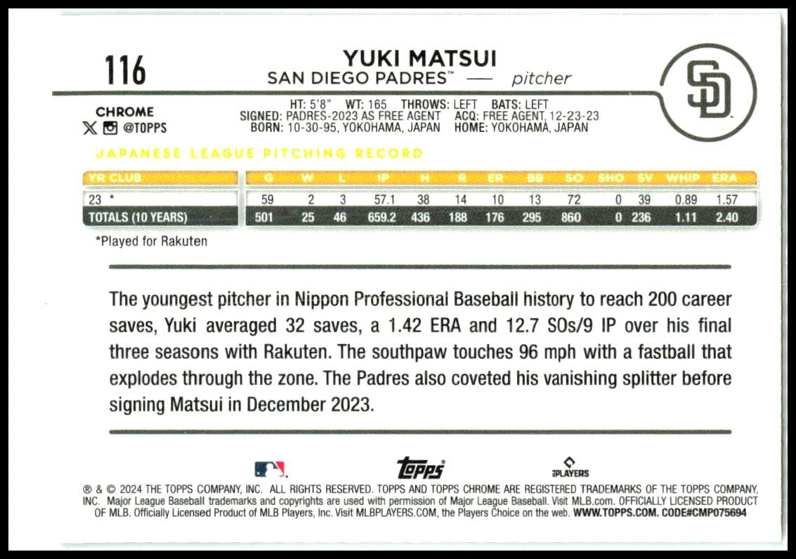 2024 Topps Chrome Sepia Refractors #116 Yuki Matsui Rookie San Diego Padres