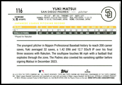 2024 Topps Chrome Sepia Refractors #116 Yuki Matsui Rookie San Diego Padres