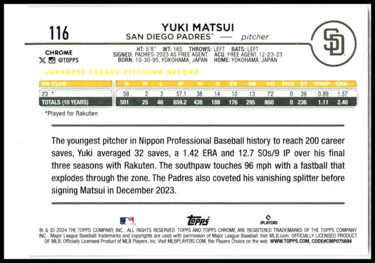 2024 Topps Chrome Sepia Refractors #116 Yuki Matsui Rookie San Diego Padres