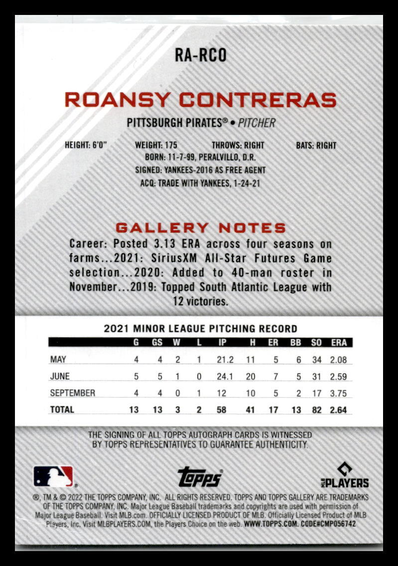 2022 Topps Gallery #RA-RCO Roansy Contreras Auto Pittsburgh Pirates