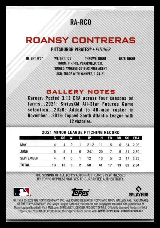 2022 Topps Gallery #RA-RCO Roansy Contreras Auto Pittsburgh Pirates