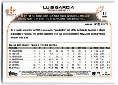 2022 Topps Chrome Refractor Luis GaRCia Houston Astros #12