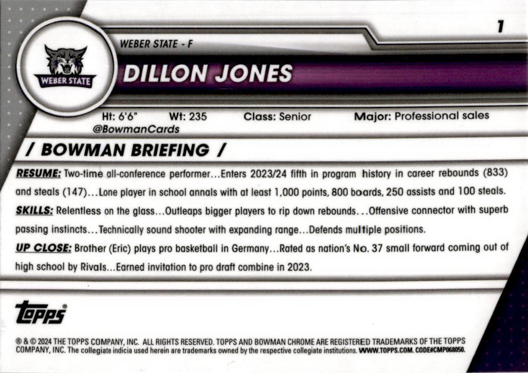 2023-24 Bowman University Chrome #1 Dillon Jones Weber State Wildcats