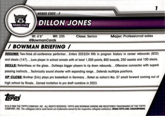 2023-24 Bowman University Chrome #1 Dillon Jones Weber State Wildcats