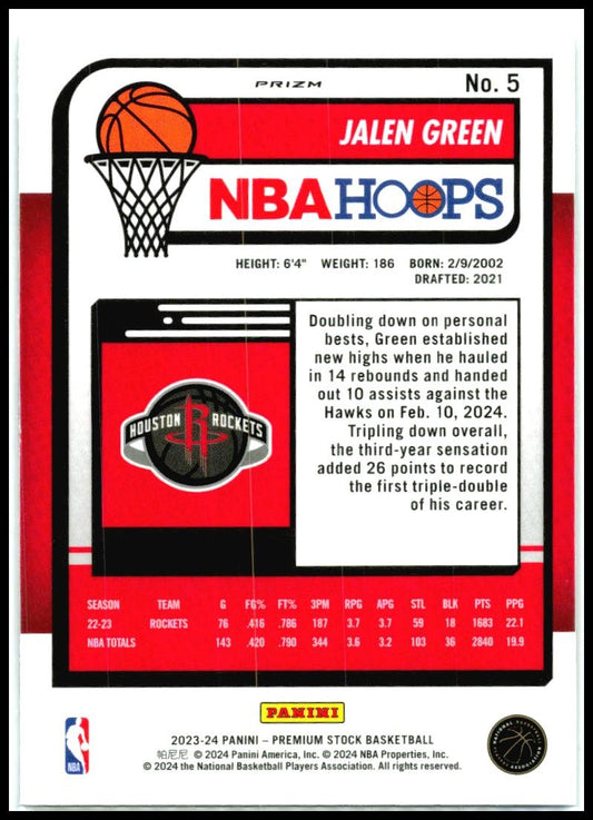 2023-24 Hoops Premium Stock Seismic Prizm #5 Jalen Green Houston Rockets