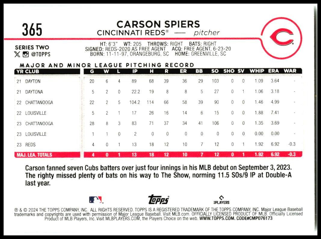 2024 Topps #365 Carson Spiers Rookie Cincinnati Reds