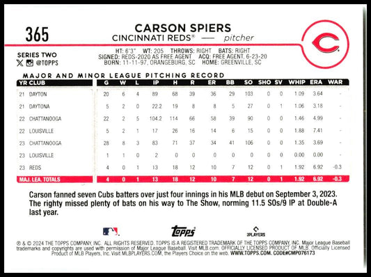2024 Topps #365 Carson Spiers Rookie Cincinnati Reds