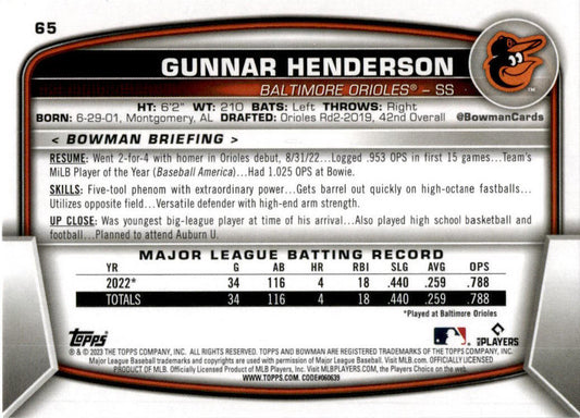 2023 Bowman #65 Gunnar Henderson Baltimore Orioles