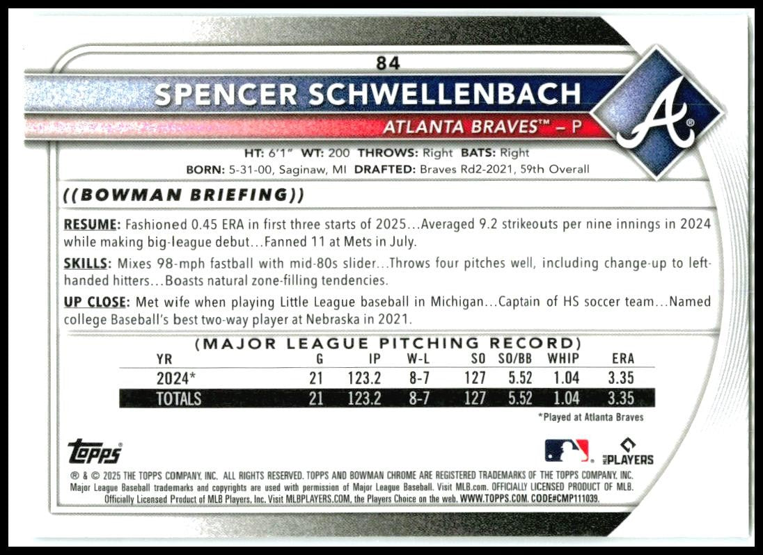 2025 Bowman Chrome Mojo Refractors #84 Spencer Schwellenbach Rookie Braves