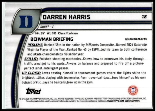 2024-25 Bowman University Chrome Green Shimmer #18 Darren Harris Duke