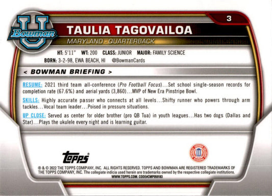 2022 Bowman University Chrome Pink #3 Taulia Tagovailoa Maryland Terrapins