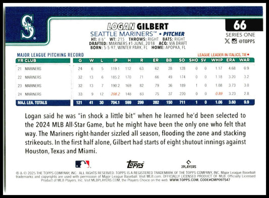 2025 Topps #66 Logan Gilbert Seattle Mariners