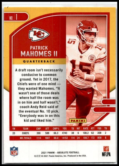 2021 Panini Absolute Red #1 Patrick Mahomes II Kansas City Chiefs