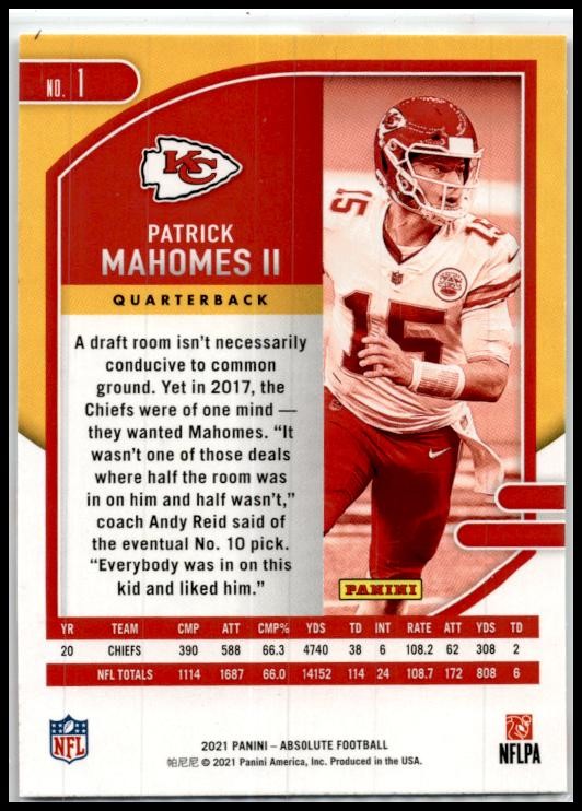 2021 Panini Absolute Red #1 Patrick Mahomes II Kansas City Chiefs