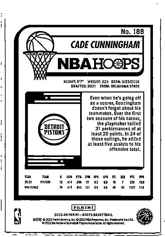 2023-24 Hoops #188 Cade Cunningham Detroit Pistons