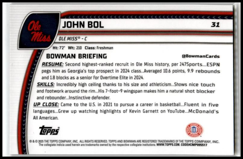 2024-25 Bowman University Chrome Black Wave Refractor #31 John Bol Rebels