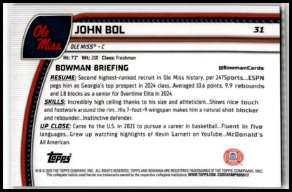 2024-25 Bowman University Chrome Black Wave Refractor #31 John Bol Rebels