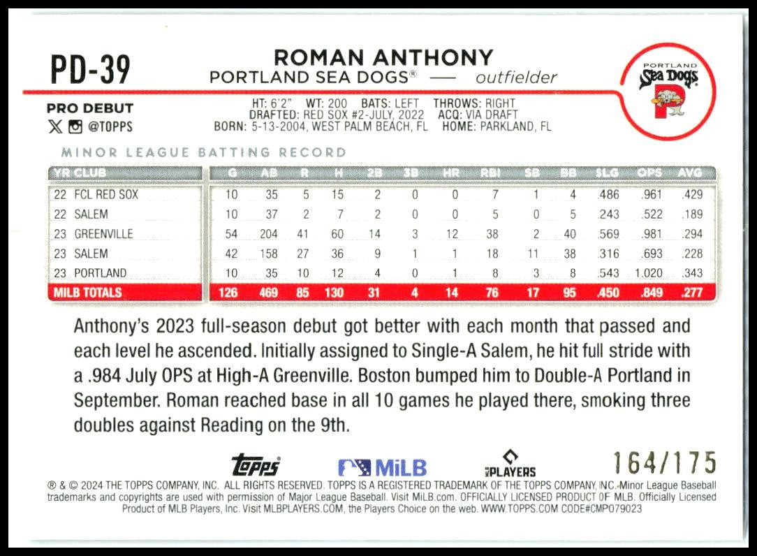 2024 Topps Pro Debut Sparkle Foil #PD-39 Roman Anthony #/175 Portland Sea Dogs