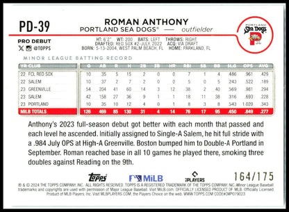 2024 Topps Pro Debut Sparkle Foil #PD-39 Roman Anthony #/175 Portland Sea Dogs