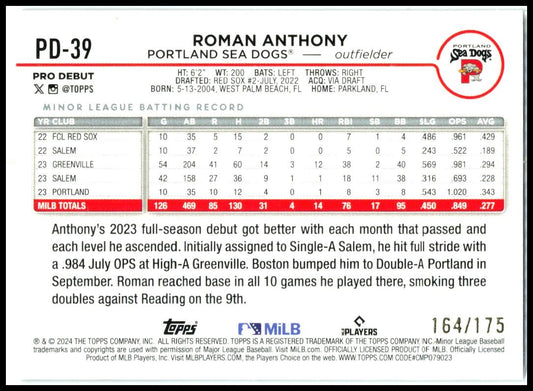 2024 Topps Pro Debut Sparkle Foil #PD-39 Roman Anthony #/175 Portland Sea Dogs