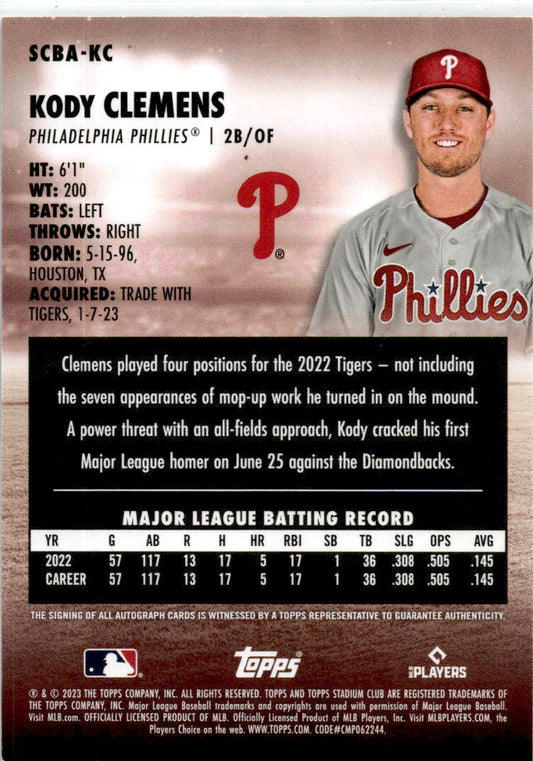 2023 Stadium Club #SCBA-KC Kody Clemens Autographs Philadelphia Phillies