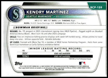 2025 Bowman Chrome LAZER Refractor #BCP-159 Kendry Martínez Seattle Mariners