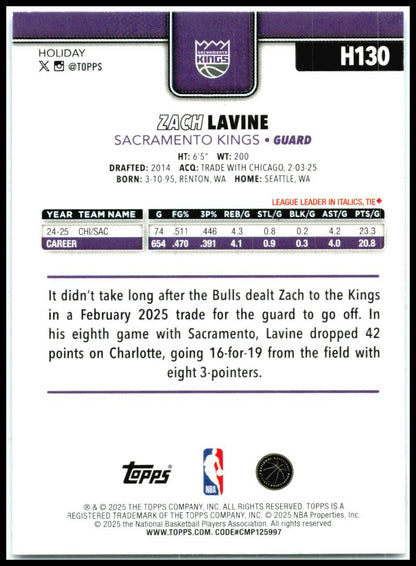 2025-26 Topps Holiday Light Blue and White Glitter #H130 Zach LaVine Kings