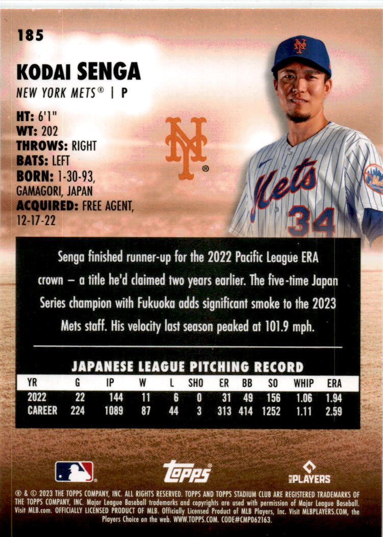 2023 Stadium Club Black and White #185 Kodai Senga New York Mets