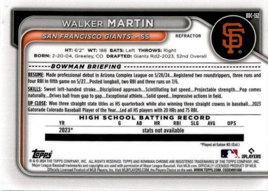 2024 Bowman Draft Chrome Refractor #BDS-152 Walker Martin San Francisco Giants