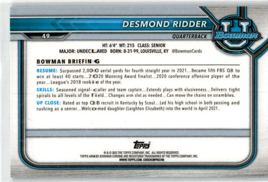 2022 Bowman University Aqua #49 Desmond Ridder 1st Bowman 215/299  Cin / Atl.