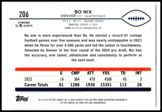 2024 Topps Chrome #206 Bo Nix Rookie Denver Broncos