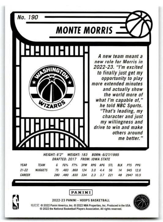 2022-23 Panini NBA Hoops Monte Morris Washington Wizards #190
