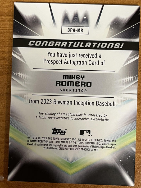 2023 Bowman Inception Auto Fuchsia Foil – /75 #BPA-MR Mikey Romero Red Sox