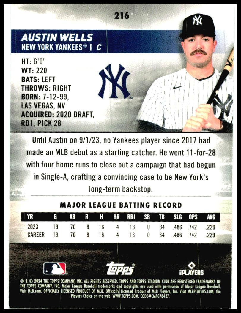 2024 Stadium Club #216 Austin Wells New York Yankees