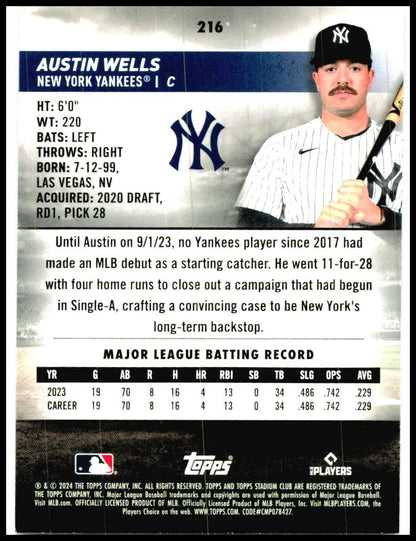 2024 Stadium Club #216 Austin Wells New York Yankees