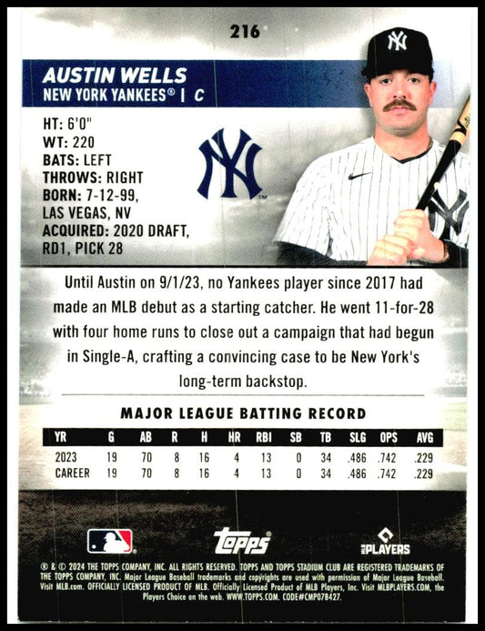 2024 Stadium Club #216 Austin Wells New York Yankees