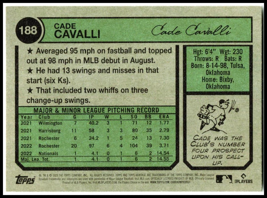 2023 Topps Heritage #188 Cade Cavalli Rookie Washington Nationals