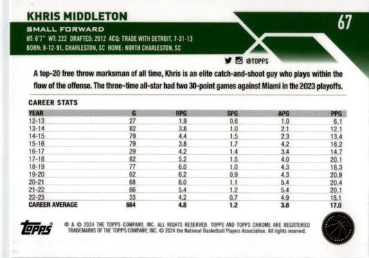 2023-24 Topps Chrome Basketball #67 Khris Middleton Milwaukee Bucks