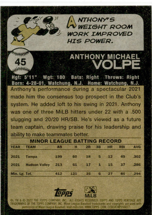 2022 Topps Heritage Minor League #45 Anthony Volpe Somerset Patriots