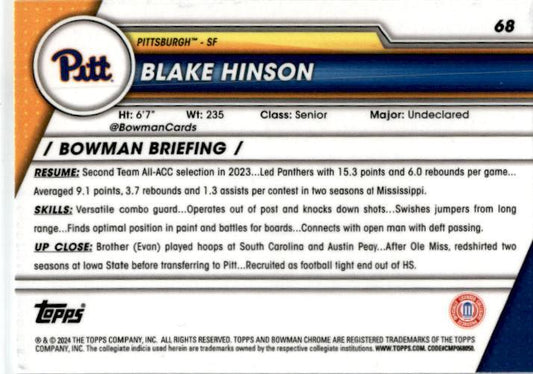 2023-24 Bowman University Chrome #68 Blake Hinson Pittsburgh Panthers
