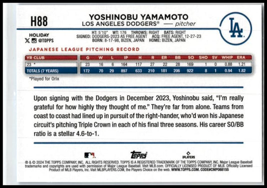 2024 Topps Holiday #H88b Yoshinobu Yamamoto Los Angeles Dodgers