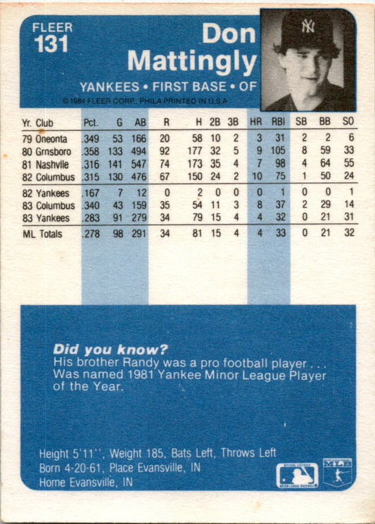 1984 Fleer #131 Don Mattingly Rookie New York Yankees