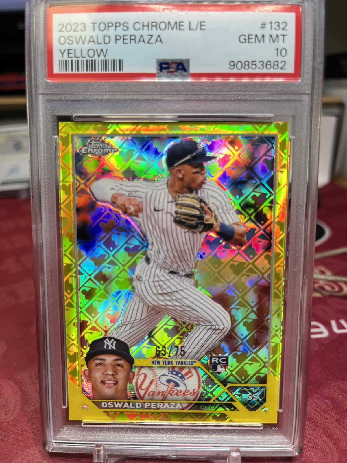 2023 Topps Chrome Logofractor Edition Yellow #132 Oswald Peraza RC /75 PSA 10