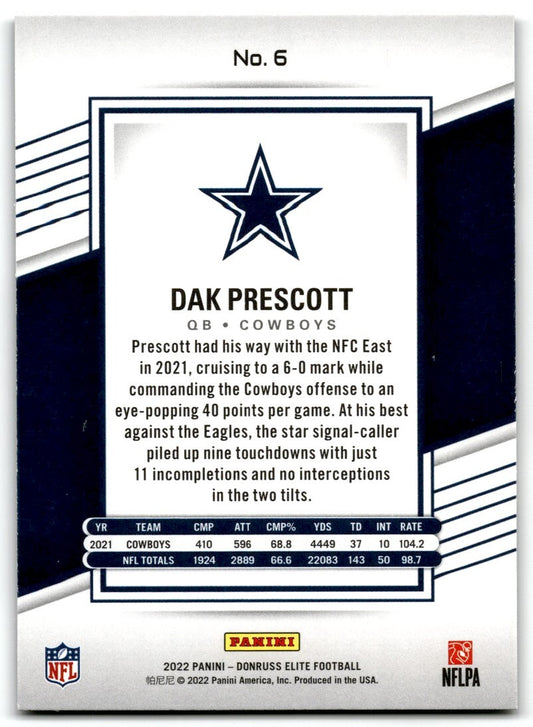2022 Donruss Elite Dak Prescott Dallas Cowboys #6