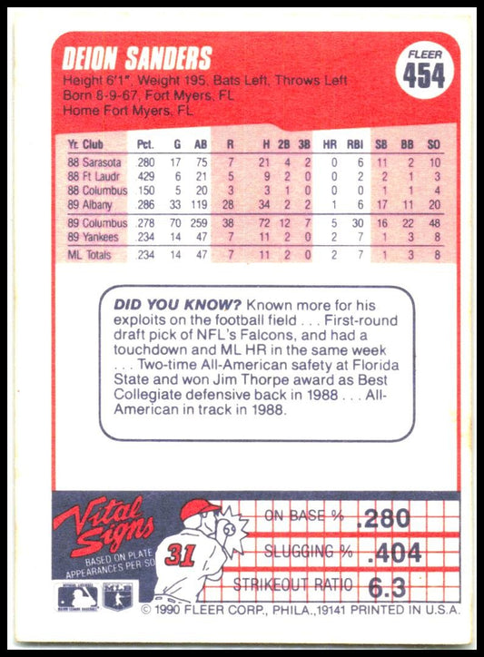 1990 Fleer #454 Deion Sanders New York Yankees